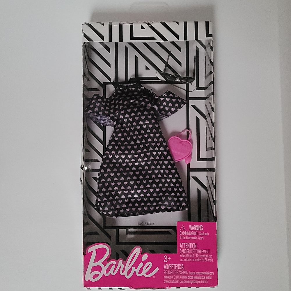 Barbie Cold Shoulder Black/Pink Heart Pattern  Dress w/Heart Bag & Sunglasses
